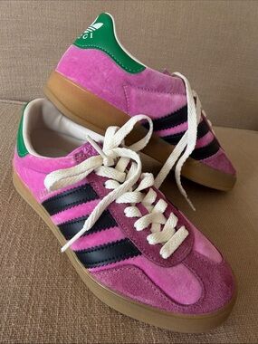 Adidas x Gucci Kids Pink Suede Sneakers with Green Heel Patch
